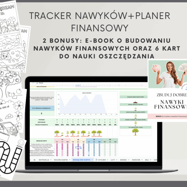 ZESTAW: Tracker nawyków finansowych + Planer finansowy (PDF do druku) + 2 BONUSY: e-book "Zbuduj dobre nawyki finansowe" i 6 kart do nauki oszczędzania dla dzieci
